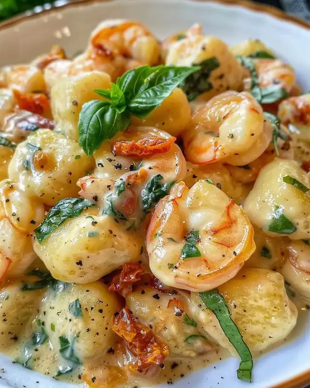 A close-up of creamy gnocchi with succulent shrimp, sun-dried tomatoes, and spinach, coated in a rich sauce. The dish is garnished with fresh basil leaves and sprinkled with black pepper, presented in a white bowl, highlighting its appetizing texture and vibrant colors.