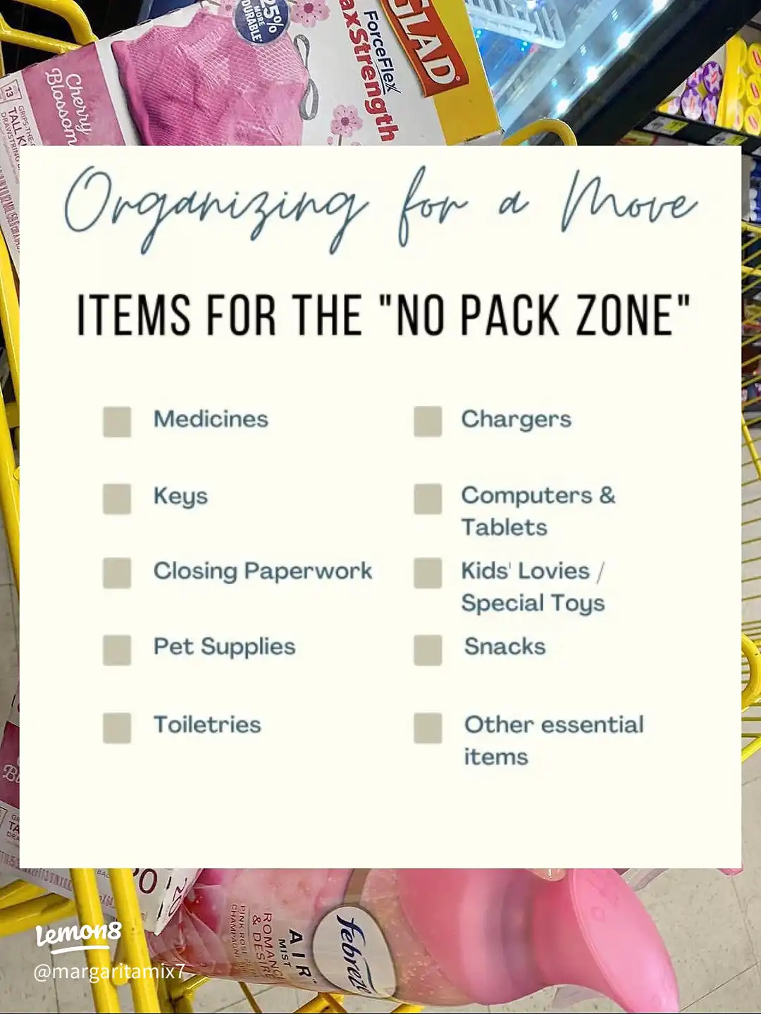 A list of items for a move, with a pink rose on the